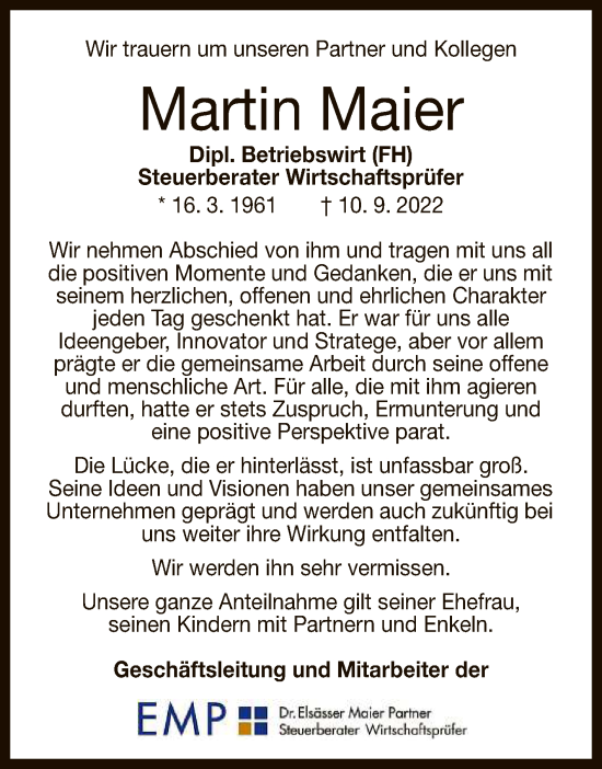 Anzeige von Martin Maier von Reutlinger General-Anzeiger