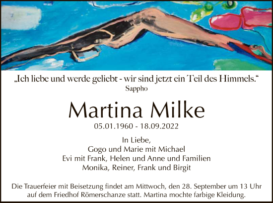 Anzeige von Martina Milke von Reutlinger General-Anzeiger