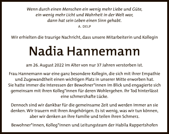 Anzeige von Nadia Hannemann von Reutlinger General-Anzeiger
