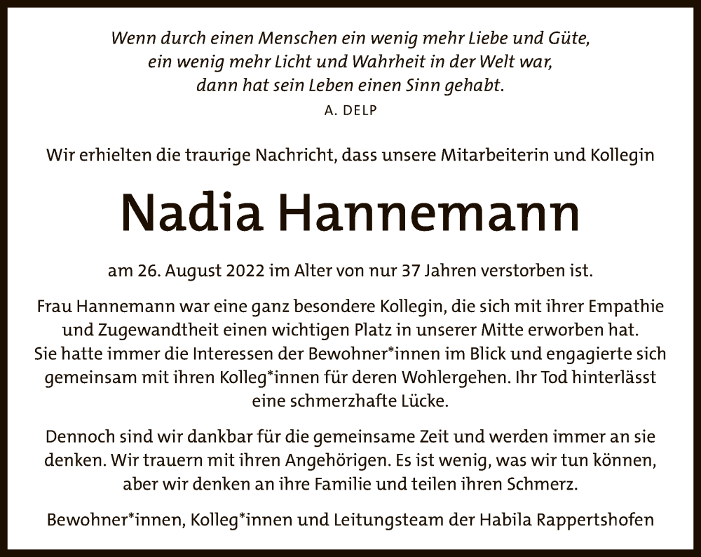  Traueranzeige für Nadia Hannemann vom 03.09.2022 aus Reutlinger General-Anzeiger