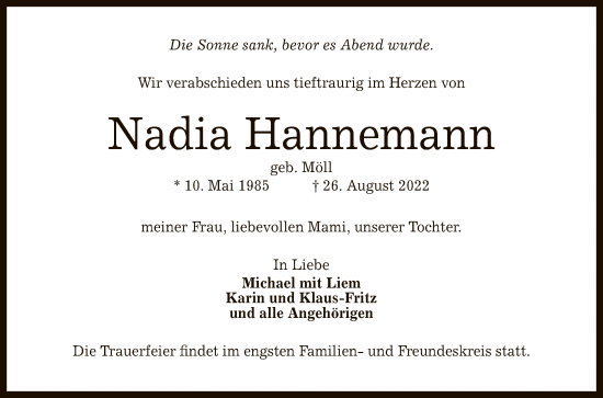 Anzeige von Nadia Hannemann von Reutlinger General-Anzeiger