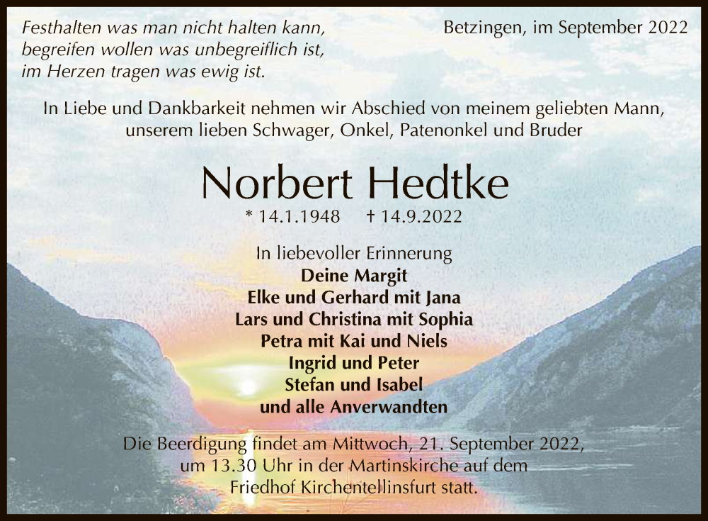  Traueranzeige für Norbert Hedtke vom 19.09.2022 aus Reutlinger General-Anzeiger