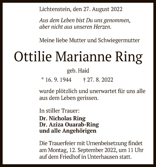 Anzeige von Ottilie Marianne Ring von Reutlinger General-Anzeiger