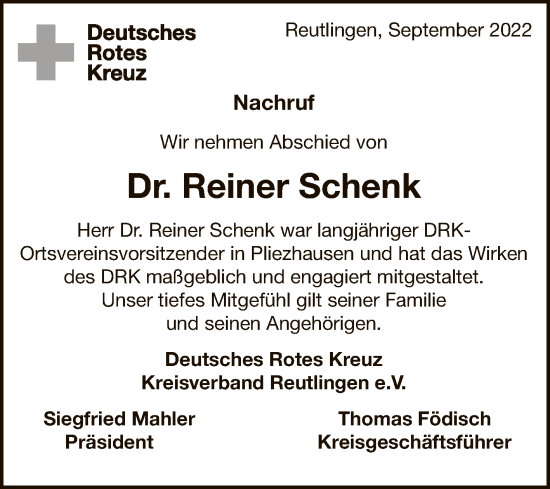 Anzeige von Reiner Schenk von Reutlinger General-Anzeiger