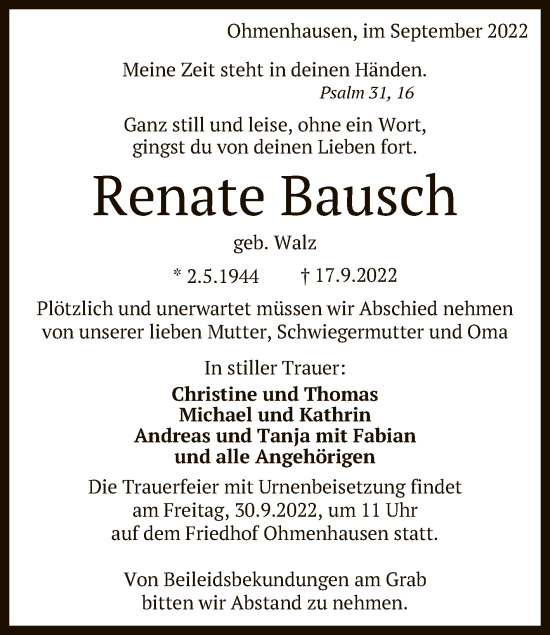 Anzeige von Renate Bausch von Reutlinger General-Anzeiger