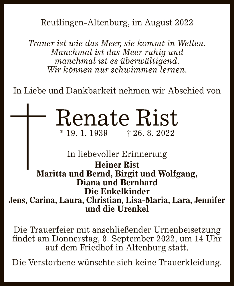  Traueranzeige für Renate Rist vom 01.09.2022 aus Reutlinger General-Anzeiger