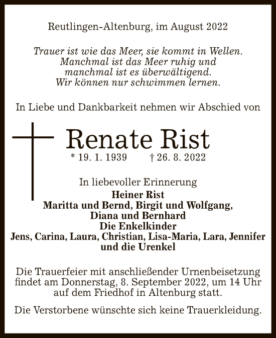 Anzeige von Renate Rist von Reutlinger General-Anzeiger