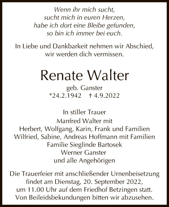 Anzeige von Renate Walter von Reutlinger General-Anzeiger