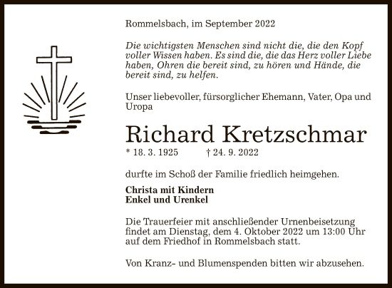 Anzeige von Richard Kretzschmar von Reutlinger General-Anzeiger