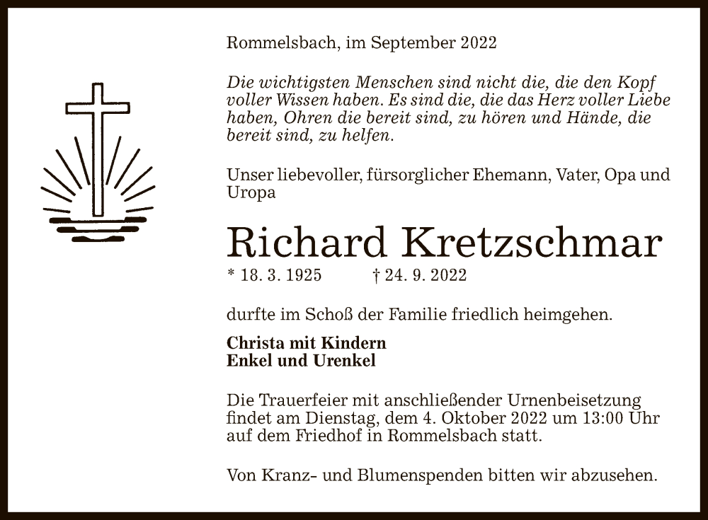 Traueranzeige für Richard Kretzschmar vom 29.09.2022 aus Reutlinger General-Anzeiger