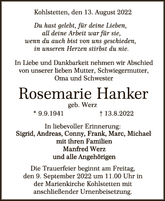 Anzeige von Rosemarie Hanker von Reutlinger General-Anzeiger