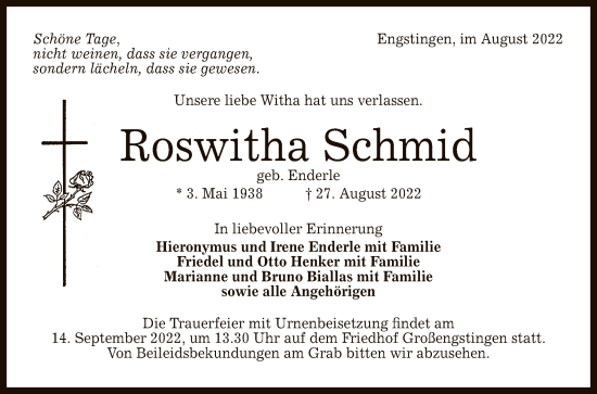 Anzeige von Roswitha Schmid von Reutlinger General-Anzeiger