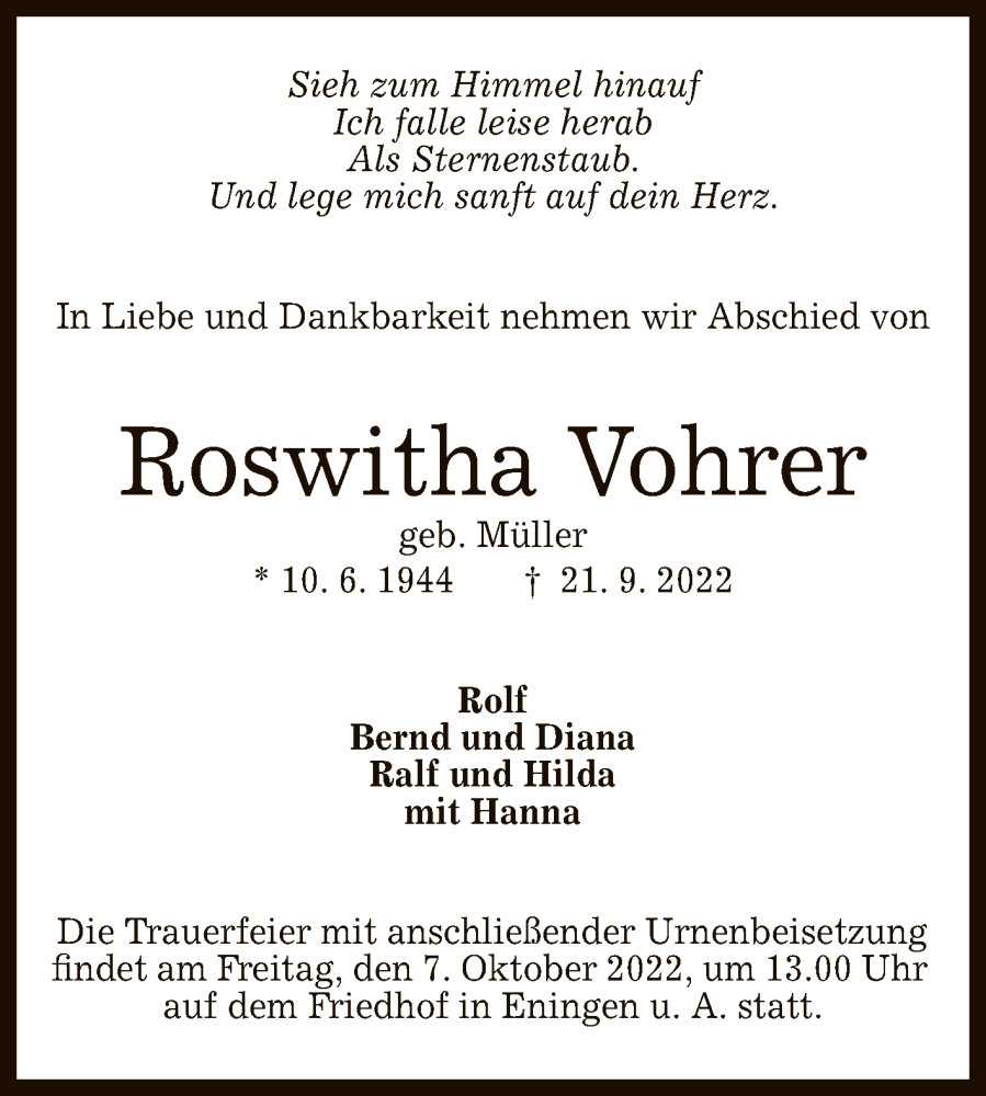  Traueranzeige für Roswitha Vohrer vom 28.09.2022 aus Reutlinger General-Anzeiger