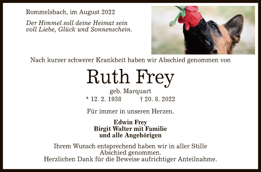  Traueranzeige für Ruth Frey vom 03.09.2022 aus Reutlinger General-Anzeiger