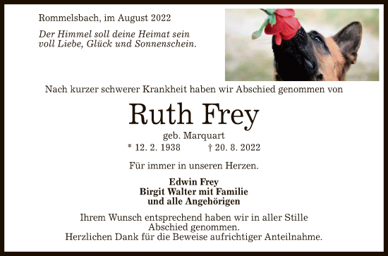 Anzeige von Ruth Frey von Reutlinger General-Anzeiger