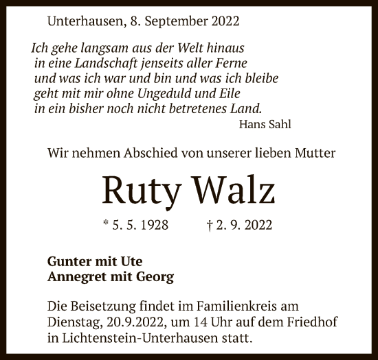 Anzeige von Ruty Walz von Reutlinger General-Anzeiger