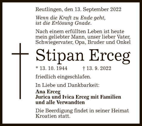 Anzeige von Stipan Erceg von Reutlinger General-Anzeiger