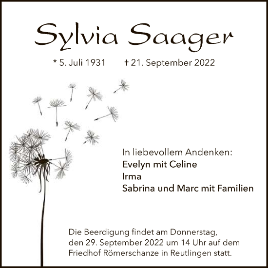 Anzeige von Sylvia Saager von Reutlinger General-Anzeiger