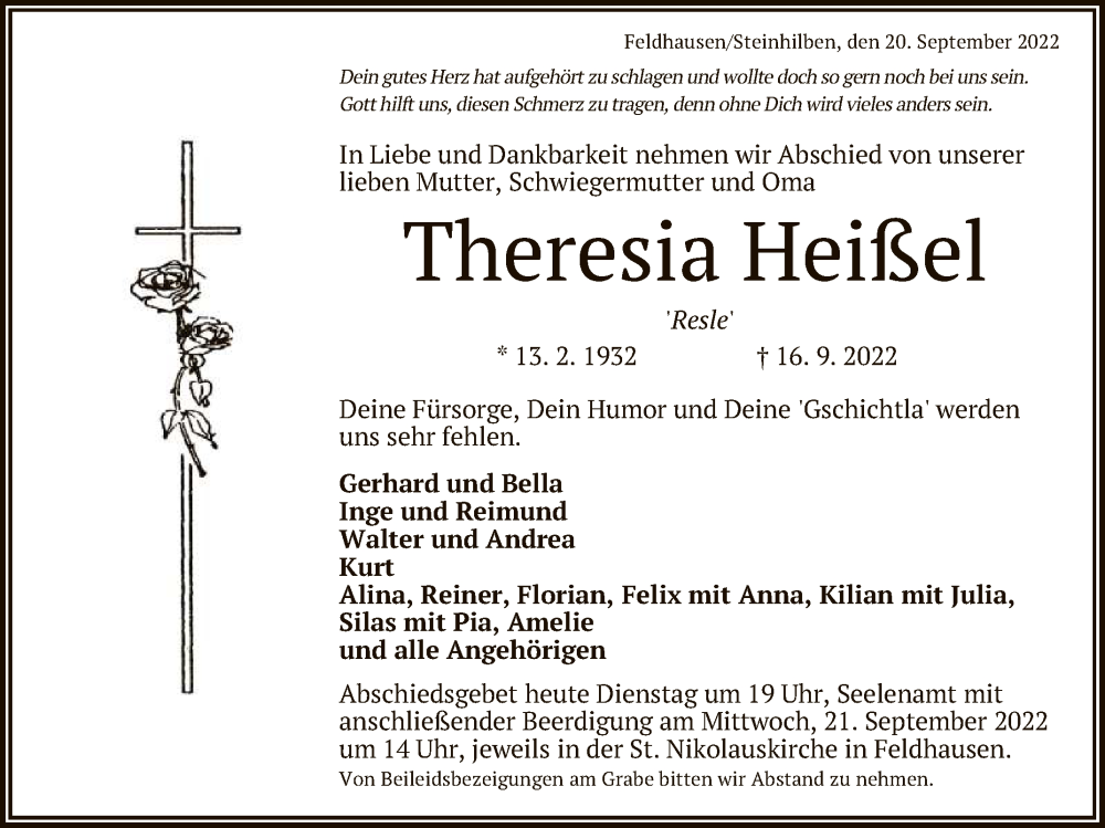  Traueranzeige für Theresia Heißel vom 20.09.2022 aus Reutlinger General-Anzeiger