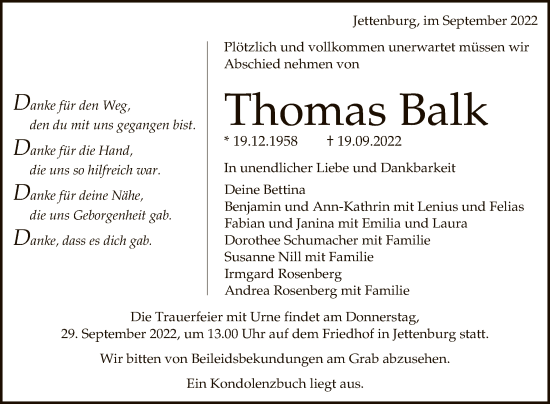 Anzeige von Thomas Balk von Reutlinger General-Anzeiger