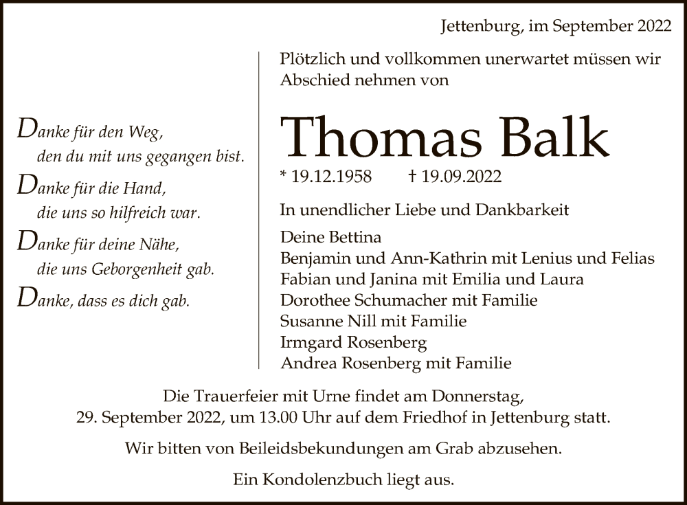  Traueranzeige für Thomas Balk vom 24.09.2022 aus Reutlinger General-Anzeiger
