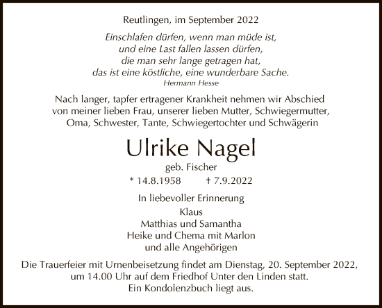 Anzeige von Ulrike Nagel von Reutlinger General-Anzeiger