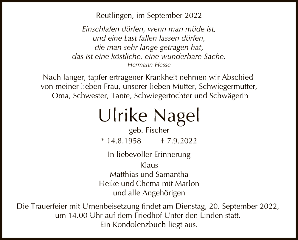  Traueranzeige für Ulrike Nagel vom 16.09.2022 aus Reutlinger General-Anzeiger