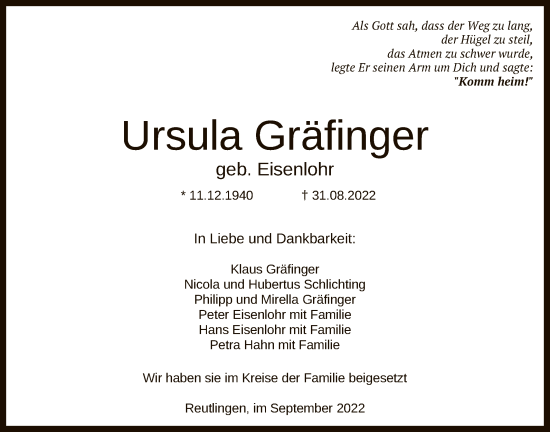 Anzeige von Ursula Gräfinger von Reutlinger General-Anzeiger