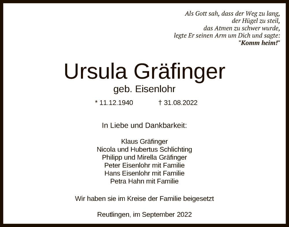  Traueranzeige für Ursula Gräfinger vom 17.09.2022 aus Reutlinger General-Anzeiger