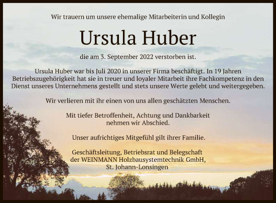 Anzeige von Ursula Huber von Reutlinger General-Anzeiger