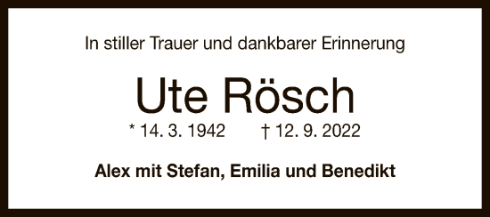 Anzeige von Ute Rösch von Reutlinger General-Anzeiger