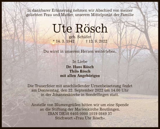 Anzeige von Ute Rösch von Reutlinger General-Anzeiger