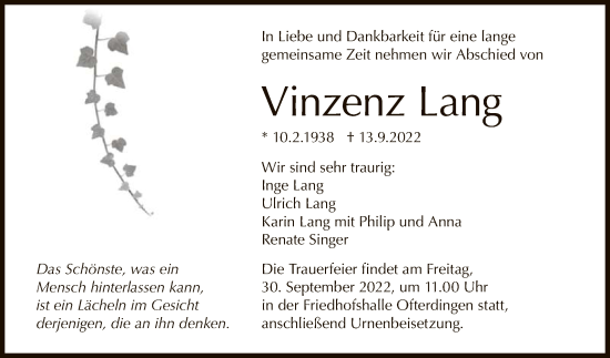 Anzeige von Vinzenz Lang von Reutlinger General-Anzeiger