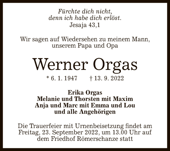 Anzeige von Werner Orgas von Reutlinger General-Anzeiger