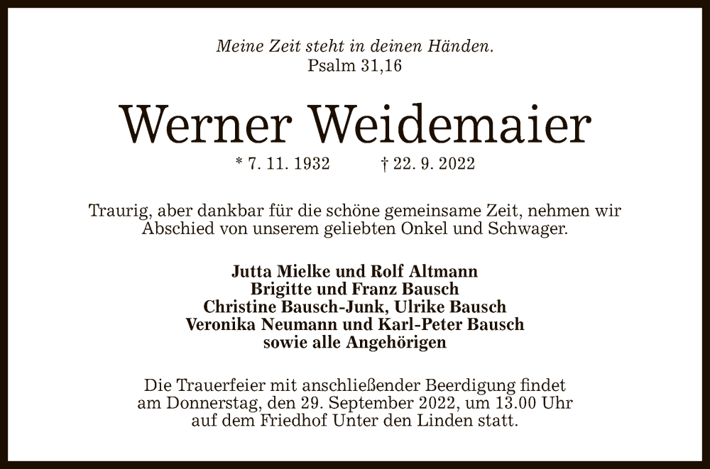  Traueranzeige für Werner Weidemaier vom 27.09.2022 aus Reutlinger General-Anzeiger