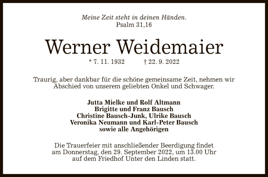 Anzeige von Werner Weidemaier von Reutlinger General-Anzeiger