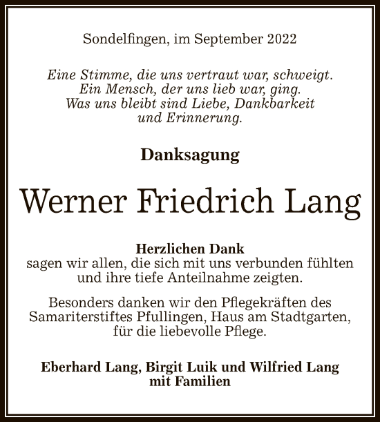 Anzeige von Werner Friedrich Lang von Reutlinger General-Anzeiger