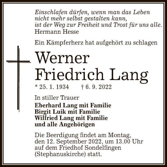 Anzeige von Werner Friedrich Lang von Reutlinger General-Anzeiger