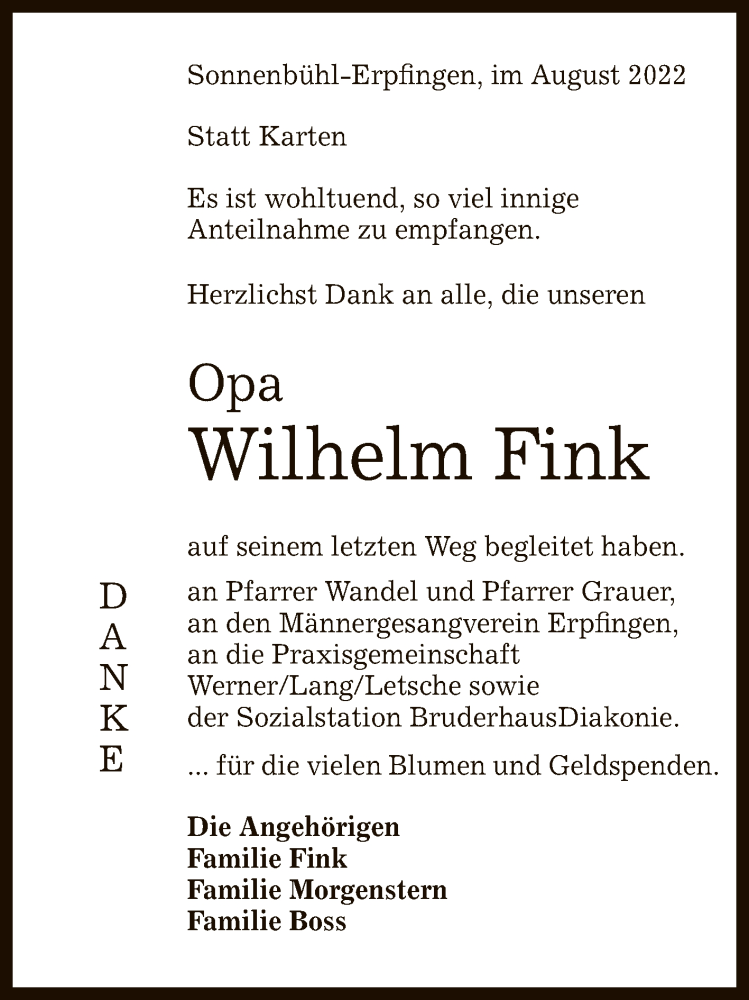  Traueranzeige für Wilhelm Fink vom 03.09.2022 aus Reutlinger General-Anzeiger