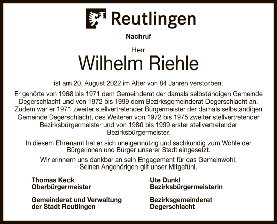 Anzeige von Wilhelm Riehle von Reutlinger General-Anzeiger