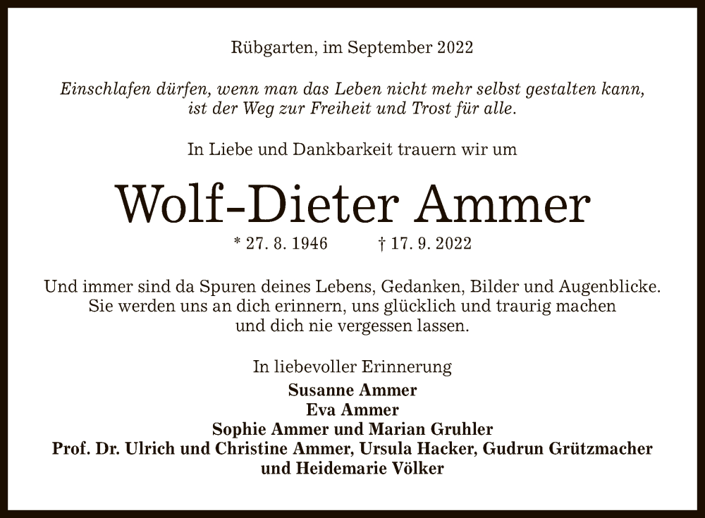  Traueranzeige für Wolf-Dieter Ammer vom 24.09.2022 aus Reutlinger General-Anzeiger