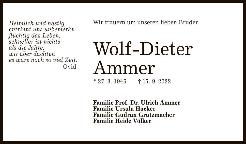 Traueranzeige für Wolf-Dieter Ammer vom 24.09.2022 aus Reutlinger General-Anzeiger