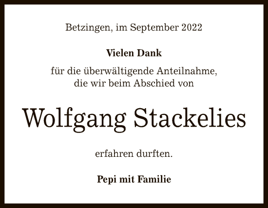 Anzeige von Wolfgang Stackelies von Reutlinger General-Anzeiger