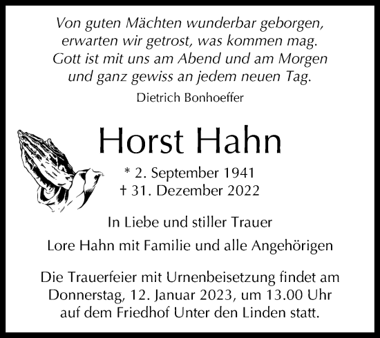 Anzeige von Horst Hahn von Reutlinger General-Anzeiger
