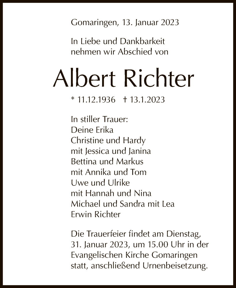  Traueranzeige für Albert Richter vom 27.01.2023 aus Reutlinger General-Anzeiger