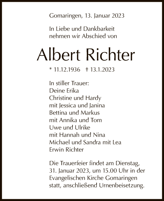 Anzeige von Albert Richter von Reutlinger General-Anzeiger