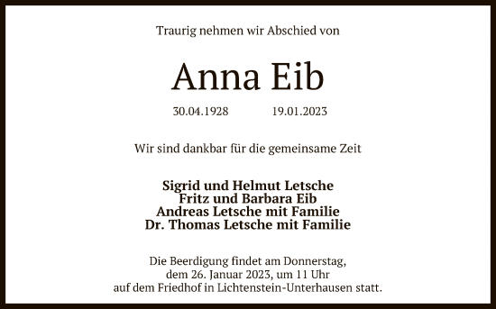 Anzeige von Anna Eib von Reutlinger General-Anzeiger