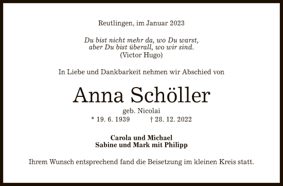 Anzeige von Anna Schöller von Reutlinger General-Anzeiger