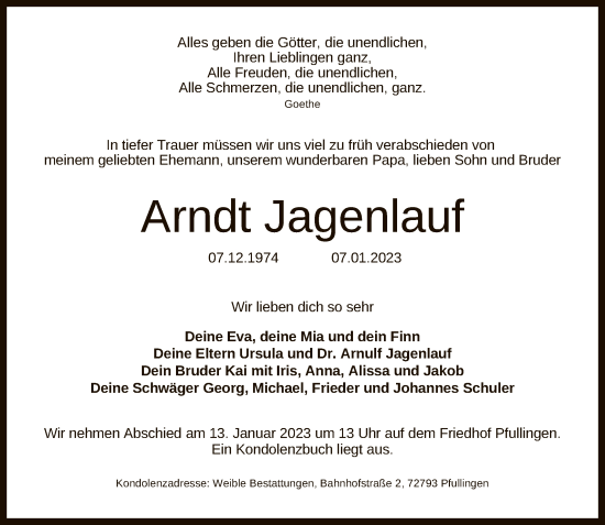 Anzeige von Arndt Jagenlauf von Reutlinger General-Anzeiger
