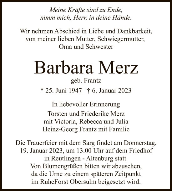 Anzeige von Barbara Merz von Reutlinger General-Anzeiger